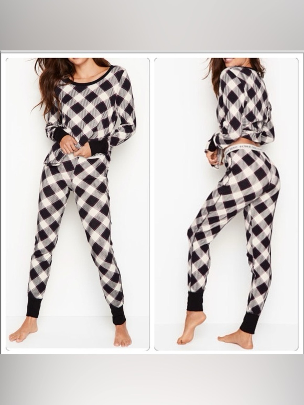 Victoria’s Secret Thermal Pajama Set Black White Pink Buffalo Plaid Size Medium